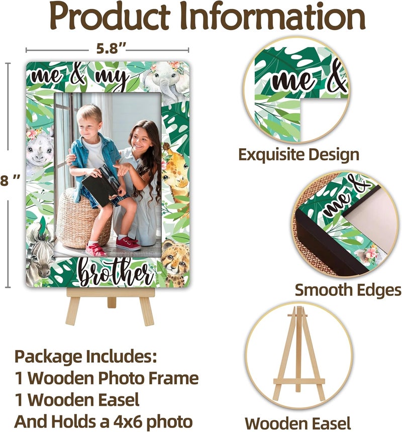 OXRUN Jungle Animals Photo Frame, Me & My Brother Wooden Picture Frame with Easel, 4x6 Photo Insert, Newborn Gifts, Nursery Decor - A01 - Image 2